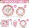 136Pcs Floral Tableware set Tea Party Supplies for 25 Floral Tea Cups with Handle 9” 7” Floral Paper Plates Disposable Flower Cups and Saucers Sets for Garden Birthday Bridal Wedding,Pink